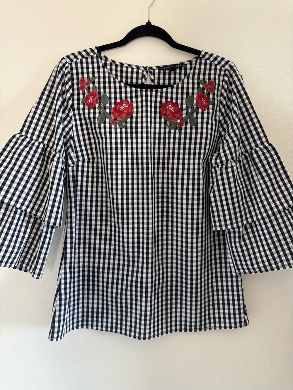 Black & White Gingham Top with Red Rose Embroidery